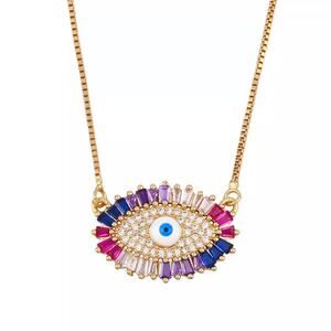 Gold Evil Eye Pendant Necklace With Multicolor Crystal Accents